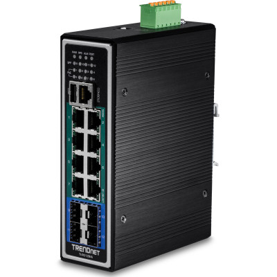 TRENDnet TI-PG1284i 12-Port Gigabit Ethernet Switch, 8 Gigabit PoE+, 4 SFP slot, 24 Gbps switching capacity, DIN-rail mount